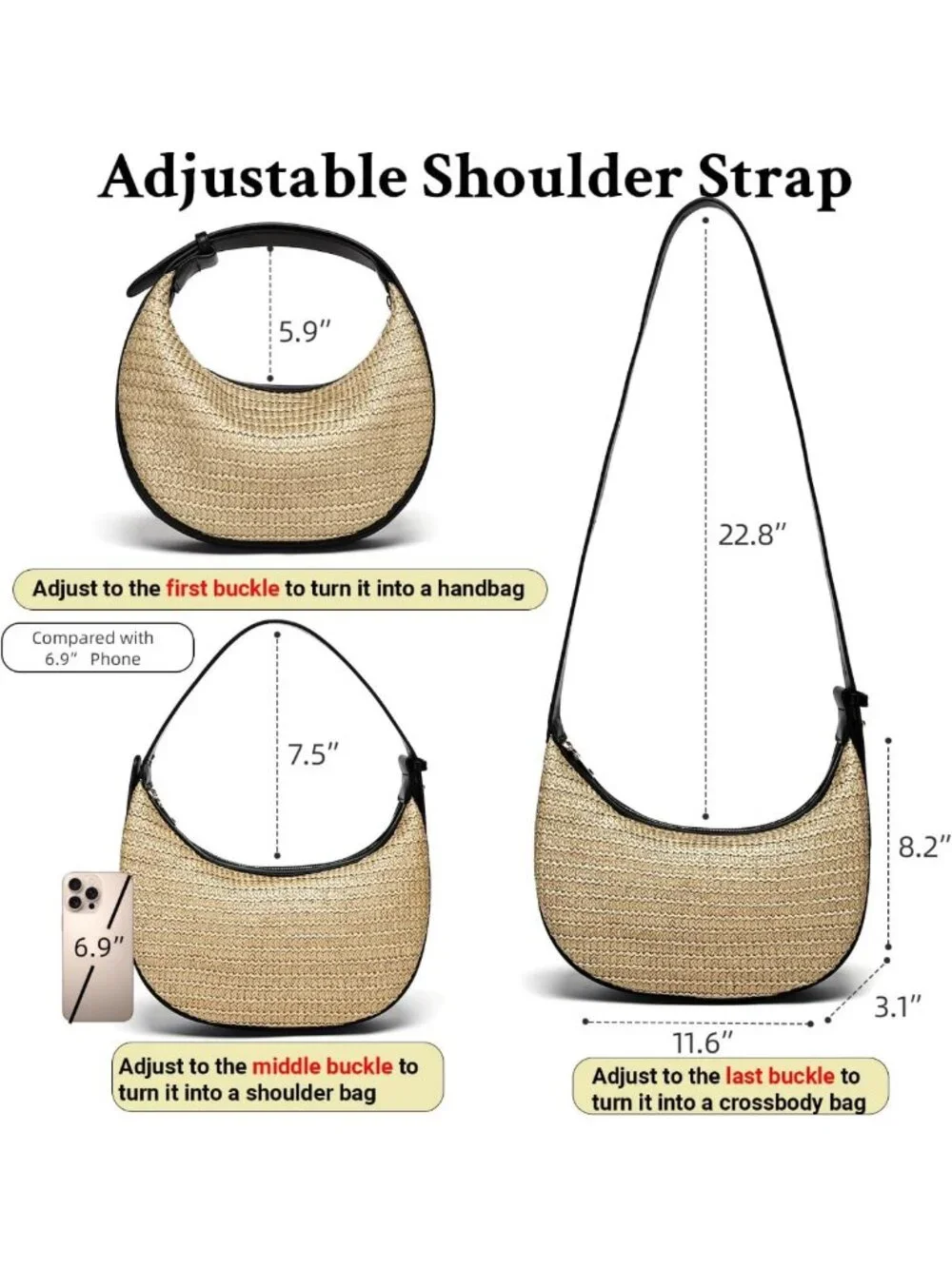 Stylish Straw Crescent Hobo Bag for Women | 3-Way Carry: Handbag, Shoulder